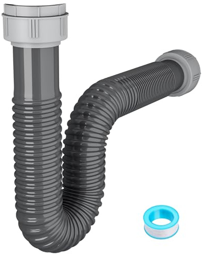 NiHome Flexible P-Trap Pipe Kit with Teflon Tape & Sealing Rings, Tool-Free Installation 1-1/2 & 1-1/4 Drain Connector Kitchen Sinks Compatible, Easy Clean Durable High-Resistance PVC (Single Sink)