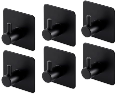 6 Pack selbstklebende Haken aus Edelstahl Set -Selbstklebende Handtuchhaken, Türhaken, starke Klebehaken zum Aufhängen von Gegenständen, kein Bohren, geeignet für Badezimmer und Küche (Schwarz)