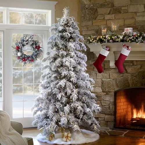 Best Artificial 7ft Arbol Christmas Tree Pre Lit with 1.5cm Pearl Led Lights & Extra Large Heavy Snow Flocked Down Sweeping Hinged Branches.