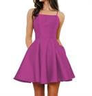 Vestidos cortos de fiesta de satén con bolsillos, tirantes delgados, vestidos de fiesta de graduación para adolescentes, fucsia, 48