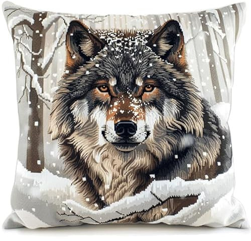 kitphoenix Knüpfen Set Kissenbezüge Wolf Knüpfkissen Set für Anfänger Erwachsene oder Kinder zum Selber Knüpfen, DIY Knüpfteppich Knüpfpackung, Knüpfhaken Set 43 x 43 cm