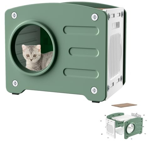 ORHEYA PP Katzenhaus Outdoor Indoor, Katzenhöhle mit Katzenkratzbrett, Katzenbett Höhle Schutzhütte, Isolierte Katzentonne Katzenschrank, Katzenhütte Katzenhäuschen Katzenbett, 55 x 40 x 46 cm,Grün
