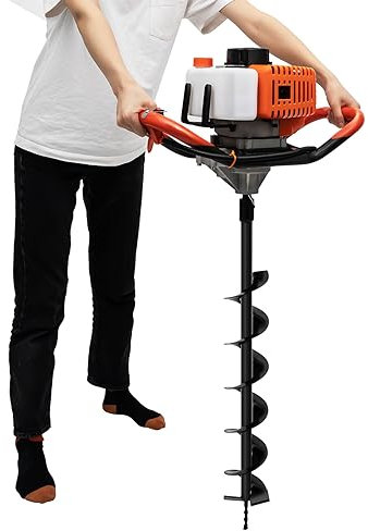 52cc Petrol Earth Auger Fence Post Hole Borer, 2 Stroke Spiral Digger with 3 Auger Bits, Extension Bar and Accessories, for Epidermal Turf and Clay, Orange-Black