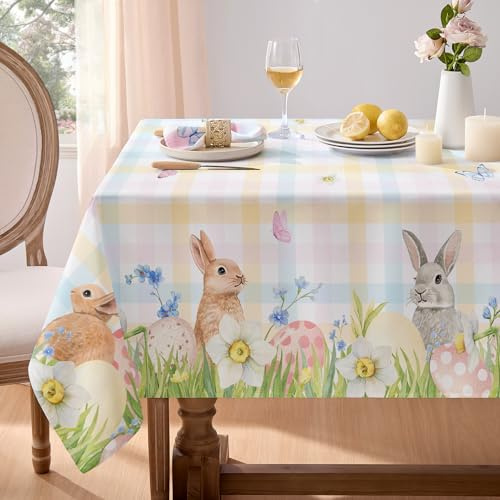 Softalker Mantel de Pascua Rectangular 140x180 cm con motivos de huevos de Pascua,conejos y flores primaverales Mantel a Cuadros Coloridos para Exterior,Picnics,Banquetes,Cumpleaños,Fiestas infantiles