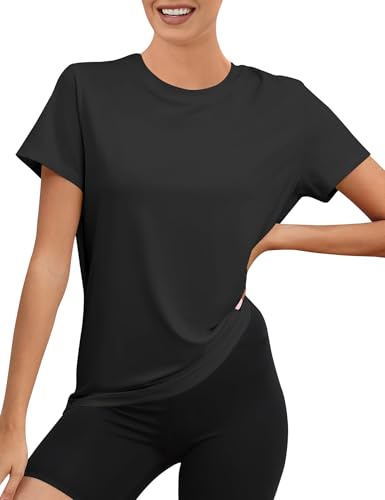 Rapbin Haut de sport pour femmes Gym Tops T-shirt d'entraînement et de course respirant Séchage rapide Protection UV UPF 80+ Vêtement d'activité Ajustement ample T-shirt de sport d'été, Noir , L