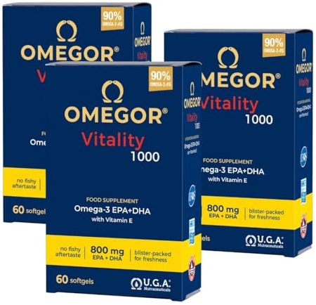 OMEGOR Vitality 1000 Integratore di Omega3 EPA/DHA e Vitamina E - Senza Retrogusto e Facile da Digerire - Ideale per Cuore, Cervello e Vista - 60 cps (3 Confezioni)