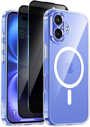 Helssitot Funda Magnétique para iPhone 16 (6.3 Pulgadas) con 2 Protector Pantalla de Privacidad Protección Total de La Cámara [Protección Militar] Anti-Amarillo Carcasa Thin Anti-Shock,Transparent