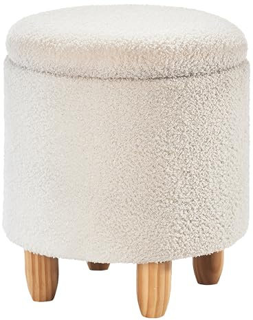 Kobolo Sitzhocker UPENDO, 37x37x43 cm, weiß, runder Polsterhocker aus Bouclé-Teddystoff, gemütlich & modern, mit Stauraum zur Aufbewahrung, skandinavischer Stil