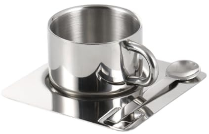 MagiDeal Taza de Café Juego con Plato y Tazas de Leche de Cuchara de Acero Inoxidable Taza de Té Portátil de Metal Portátil para Restaurante, Casa de Cocina