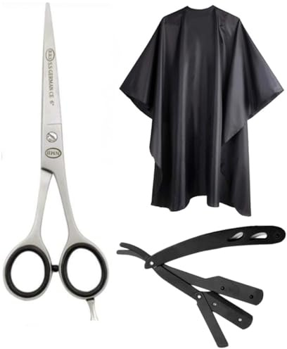 Professional Barber Scissor 6 Stainless Steel Hair Cutting Shears, and Black Cutting Cape Gown and Razor Shaving Black (Free) Ideal for Salon Barbers and Hairdressing Barber by NM Beauty