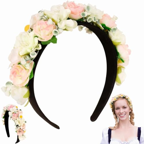 Haarreif Dirndl Blumen Trachten Haarschmuck, Sonnenblumen Haarband Blumen Haarkranz Stirnband Damen, Mädchen Kopfband mit Gemischten Blüten für Hochzeit Karneval Mottoparty (Beige Weiß)