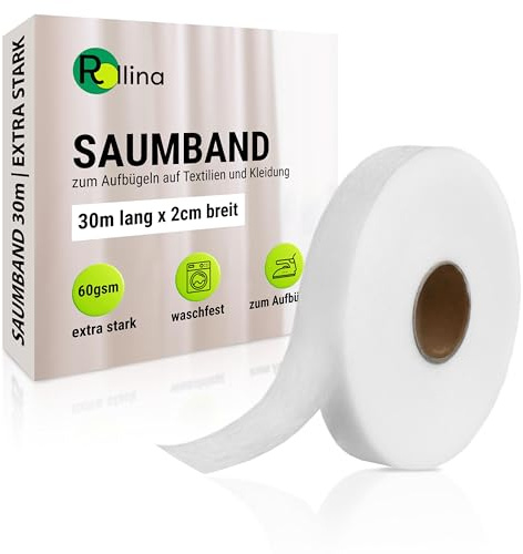 Rollina Saumband zum Aufbügeln 30 m | Bügelband zum Kürzen von Vorhängen und Kleidung ohne Nähen | Waschfest & extra stark | Gardinenband | Textilklebeband für Stoffe & Kleidung | 2 cm breit