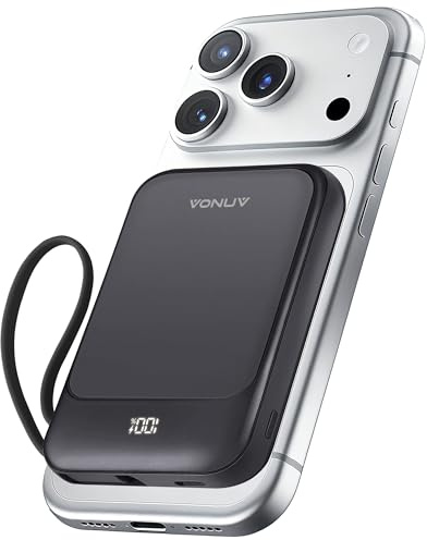 VONUV Magnetic Power Bank 10000mAh, Wireless Portable Charger with 15W Max Fast Charging & Built-in USB-C Cable, 22.5W PD LED Display Battery Pack Compatible with iPhone 17/16/15, Samsung Galaxy