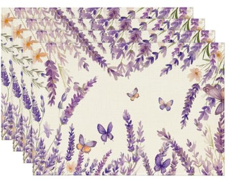 Artoid Mode Lila Blumen Lavendel Schmetterling Frühling 4er Set Platzsets, 30x45cm Küche Tisch Dekoration Drinnen Urlaub Party Dekor