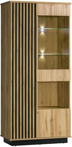 Generisch LAMELO LA3 Modern Wohnzimmer & Esszimmer Vitrine, 90cm, Wotan Eiche/Schwarz, Laminat, Vitrinenschrank, 40x90x194cm, 8 Glasregale, Wandmontage, 2 Scharniertüren