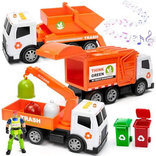 BunnyJOY Camión de Basura Juguete para Niños, Camiones de Juguete Set de 3 Vehículos con Luz y Sonido, Camión Reciclaje, Camión Grúa y Volquete, Juegos de rol, Regalo para Niños 3+ Años, Naranja