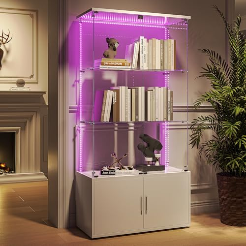 AZJSAHAH Glasvitrine mit Led Beleuchtung,Vitrine Stehend Sammlervitrine Vitrine Glas mit 4 Tür 3 Lagen Vitrinenschrank Für Wohnzimmer, Schlafzimmer, Büro (Weiß, 4 Tür 3 Lagen – LED Lichtleiste)