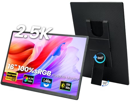 hualink Portable Monitor 2.5K 16 QHD 2560x1600P HDR Portable Screen with Stand USB-C HDMI Small Monitor Extra Second Screen Computer Display Travel External Monitor for Windows Laptop MacBook Phone