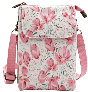 Uwiyo Petit Sac Bandoulière pour Femme, Petit Sacoche Telephone Portable Femmes en Toile Petit Sac Bandouliere Pochette Telephone Portable avec Sangle Réglable pour Shopping, Voyages (Tulipe-Rose)