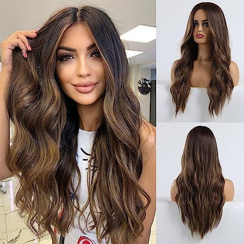 HAIRCUBE Brown Perücke Mittelscheitel lange lockige Frauen Perücken 24 Zoll Perücken für Frauen natürlich aussehende synthetische Perücken