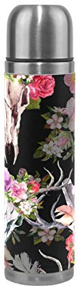 Linomo Thermosflasche Hirsch Schädel Blume Edelstahl Wasserflasche,Isoliert Auslaufsicher, Doppelwandig Vakuumflasche für Sport Reise Camping Büro 500 ml