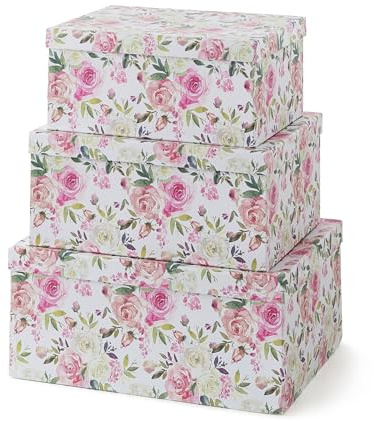 Soul & Lane Decorative Storage Cardboard Boxes with Lids | Summer Rose - Set of 3 | Floral Paperboard Nesting Boxes