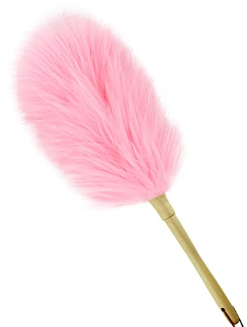 iHUFeather Spolverino in lana d'agnello con manico in legno massiccio, cinghia da appendere per la pulizia, ventilatori da soffitto, finestre, mobili, statuette TV, piume naturali, rosa