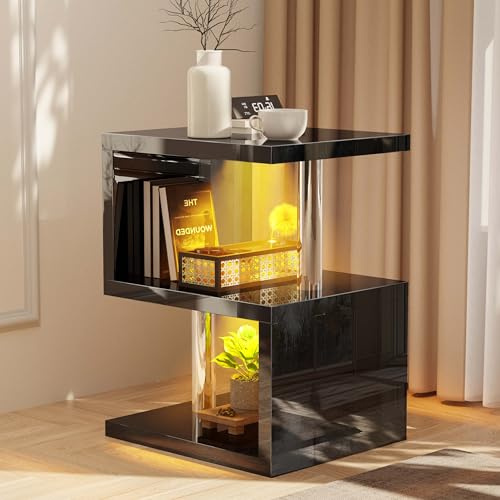 Blisswood S-Shaped Side Table - Black High Gloss End Table with Storage Shelves and RGB LED Lighting, Modern Nightstand for Bedroom, Living Room or Small Spaces
