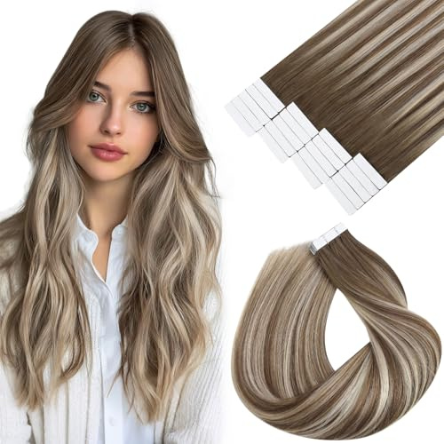 Vivien Invisible Tape Extensions Echthaar Balayage Braun 30cm Extensions Echthaar Tape in Braun Ombre Platinblond Kurz 30g 20Pcs #6/60/6