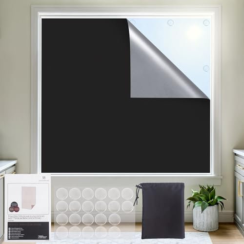 Victoria M. Fenster verdunkelung 100% verdunklungsfolie für Fenster Abdunkeln, Tragbarer Reisevorhang, Schneidbarer Verdunkelungstoff Waschbar mit 20 Gel-Klebepads, 140x300cm, Schwarz