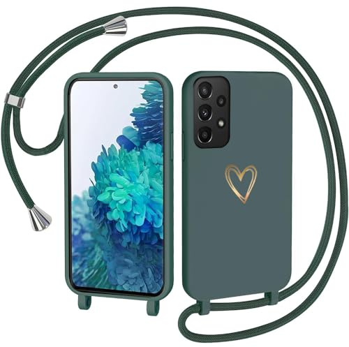 CaseLover Handyband für Samsung Galaxy A52 5G/A52s 5G Hülle mit Band, Grün | Herz Muster, Silikon Necklace Handyhülle mit Abnehmbar Kordel zum Umhängen, Stossfest Bumper Handy Schutzhülle Case