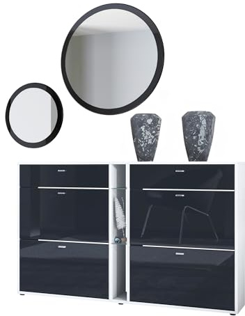 Vladon Ensemble de vestiaire Florence avec Armoire à Chaussures et 2 miroirs muraux, Fabriqué en Allemagne, Blanc Mat/Noir Haute Brillance