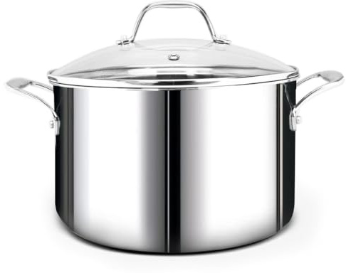 HOMICHEF Mirror Polished Nickel Free Stainless Steel 6.6 Liters Stockpot with Glass Lid - 24 CM Soup Pot Induction (No Toxic Non Coating, Whole-Clad 3-Ply)