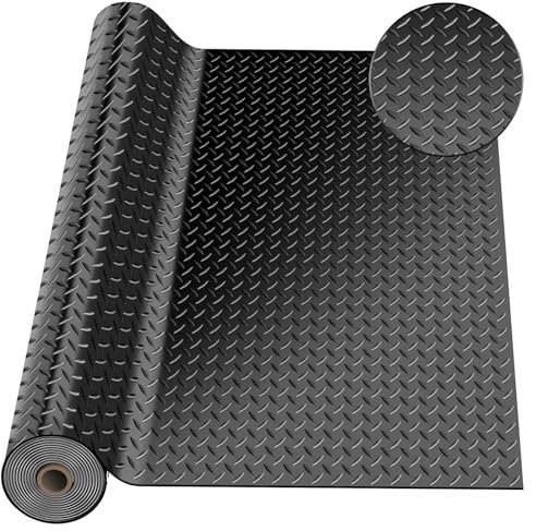 Tapete de piso de garaje de 4 x 7 pies, rollo de suelo de goma con placa de diamante, rollos de suelo de garaje de PVC para debajo del automóvil, SUV grandes, camioneta, RV, gimnasio