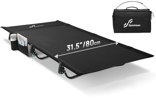 Sportneer Lettino da campeggio pieghevole: 80 cm, extra largo, compatto, con tasca laterale, leggero per tenda da viaggio, borsa di trasporto inclusa, facile da installare