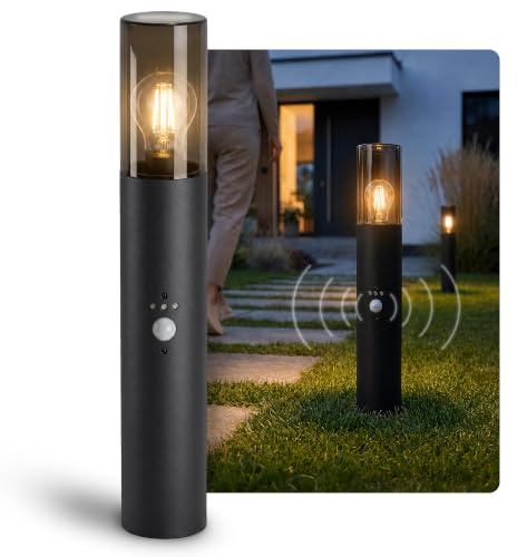 SSC-LUXon VARDA Standleuchte Bewegungsmelder E27 Vintage LED extra warm | Standleuchte mit Bewegungs- & Dämmerungssensor - schaltet automatisch, extra warmes Filament-Licht, für Wege & Einfahrt, IP44