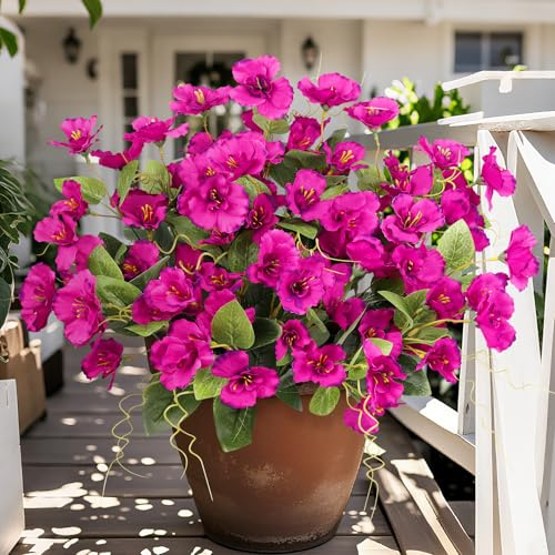Besteek 8 Bundles Fake Silk Flowers, Artificial Hibiscus Flowers for Outdoors Realistic UV Resistant Faux Plants for Planters Garden Porch Patio Vase Window Box Home Decoration, Fuchsia