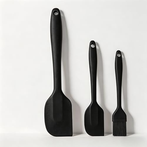 RQzaufania 3 Stycken Silikonspatel, Oljeborste Liten + Spatelset, Värmebeständig Sömlös Non-stick Gummiskrapa i ett Stycke, för Matlagning i Kök (Svart)