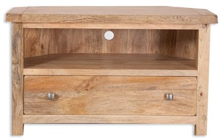 Meuble TV d'angle moderne Odisha en bois de manguier massif entièrement assemblé, design classique, artisanat, étagères de rangement, pièce élégante et fonctionnelle