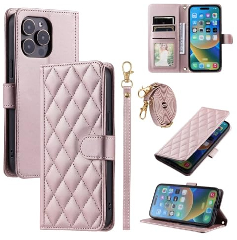 GoodcAcy Crossbody Lanyard Case for iPhone 13 Pro Max,with Adjustable Strap Neck Cord Necklace, Wrist Strap, Kickstand, Magnetic Closure, Shockproof Protective Soft Leather Flip Cover,Rose Gold