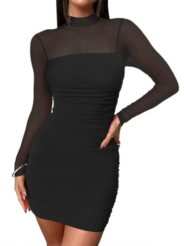 AOWVUTS Robe Moulante à Manches Longues Mesh pour Femmes Mini-Robe Col Roulé Hip-Hugging Sexy Wrap Robes Courte Crayon Bodycon Ruched Chic pour Soirée Cocktail Party Fête Club Bal Décontractée