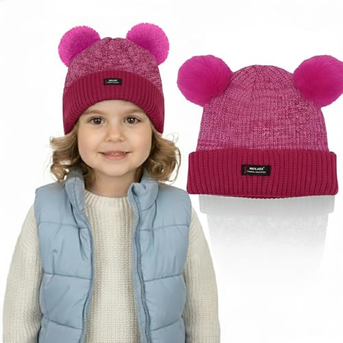 HiFEN® Kids Winter Beanie Hat with Double Pom Pom, Thermal Insulated Knitted Bobble Hat with Fleece Lining, Warm Faux Fur Pom Pom Hat for Boys and Girls, One Size Pink