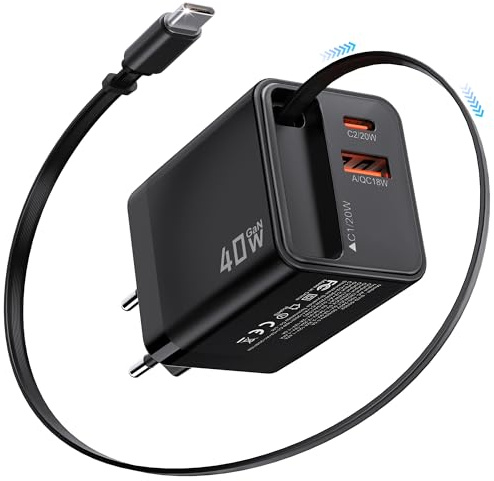 KAIMENGLONG 40 W USB C-laddare, 3-portars snabbladdare med infällbar USBC-laddningskabel, bärbar multipel GaN-laddare för Phone 17/16/15, MacBook, iPad, surfplatta, Samsung (svart)
