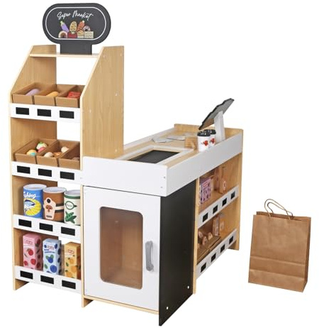 Negozio di acquisto in legno per bambini – grande negozio commerciale con accessori, cassa, scanner e soldi – gioco di ruolo in legno (83 x 62,5 x 107 cm)