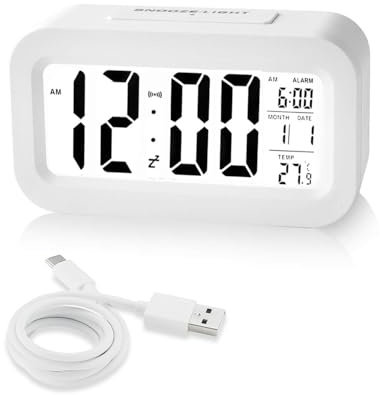 Rechargeable Digital Alarm Clock, Bedside Battery-Powered Clock with Adjustable Brightness, LCD Display, 12/24-Hour Date & Temperature Display, Snooze, for Bedroom Home Office Desk Travel, White