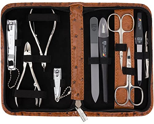 DREI SCHWERTER - Germany 10-tlg. 'Spezia' | Maniküreset Nagel Set Etui in Kunstleder Straussoptik cognac | Inhalt: Nagelschere, Hautschere, Nagelzange, Pinzette, Glasnagelfeile uvm