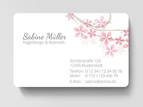 100 Visitenkarten, laminiert, 85 x 55 mm, inkl. Kartenspender - Blüte Rosa