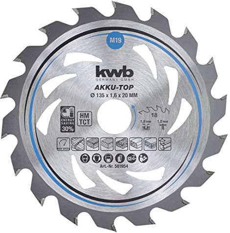 kwb Kreissägeblatt 135 x 20 mm, leichtgängig, speziell für Akkumaschinen, Sägeblatt geeignet für Weich- und Hartholz, Tischlerplatten und Spanplatten