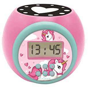 Lexibook Licorne - Réveil-projecteur, avec Fonction Alarme et répétition Snooze, veilleuse avec minuterie, écran LCD, à Piles, Rose, RL977UNI