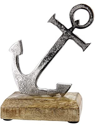 Seaside No.64 - maritimer Dekoaufsteller schräger Anker aus Aluminium auf Mangoholz-Sockel - Zeitlose Wohndekoration zum Hinstellen und Dekorieren auf Kommode, Sideboard, Fensterbank